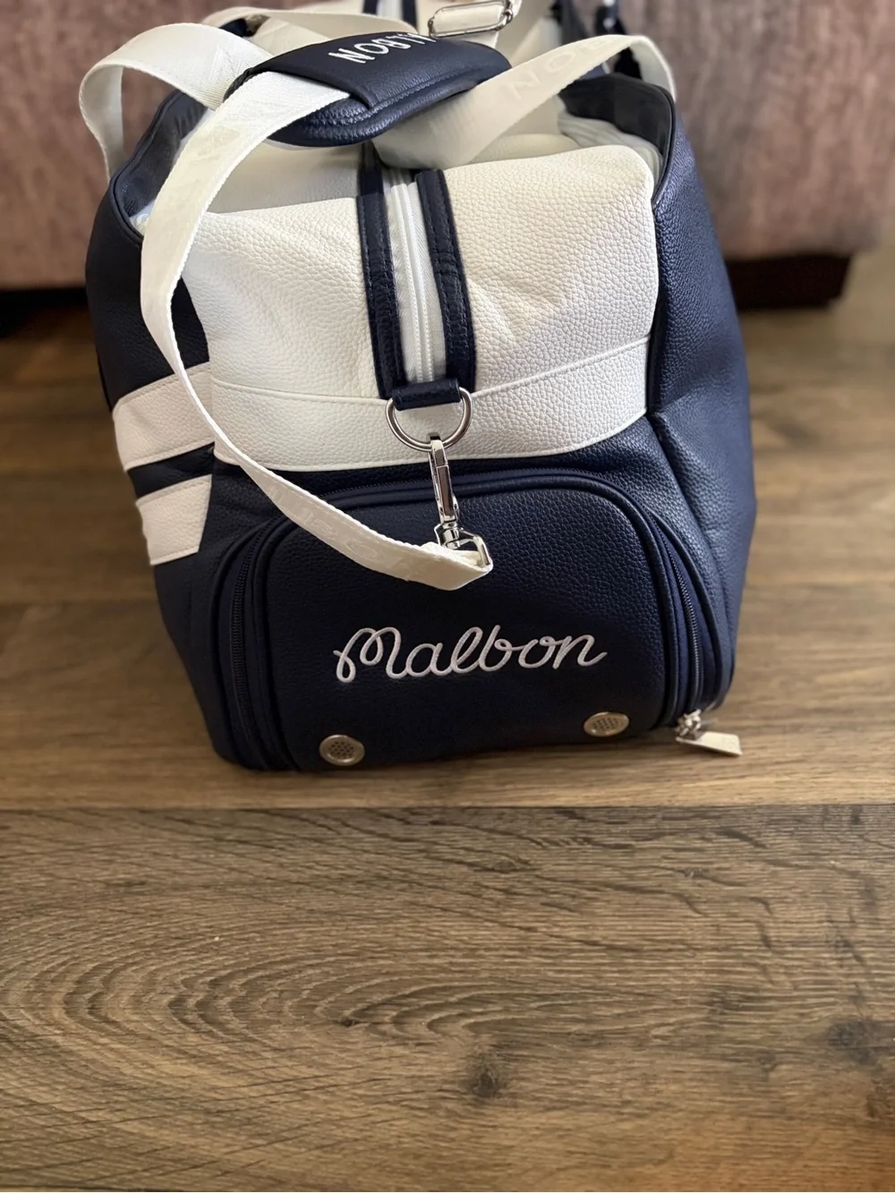 Malbon Navy and White Golf Duffle Bag with Patch Logo